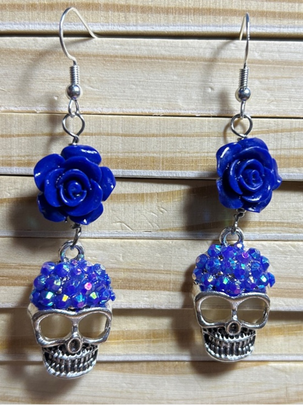 3/$25 Blue Rose & Crystal Skull Dangle Earrings